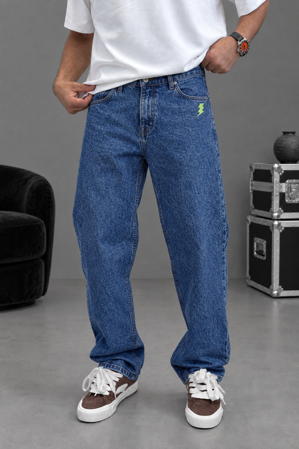 Lightning Bolt Jeans with Embroidery – Blue