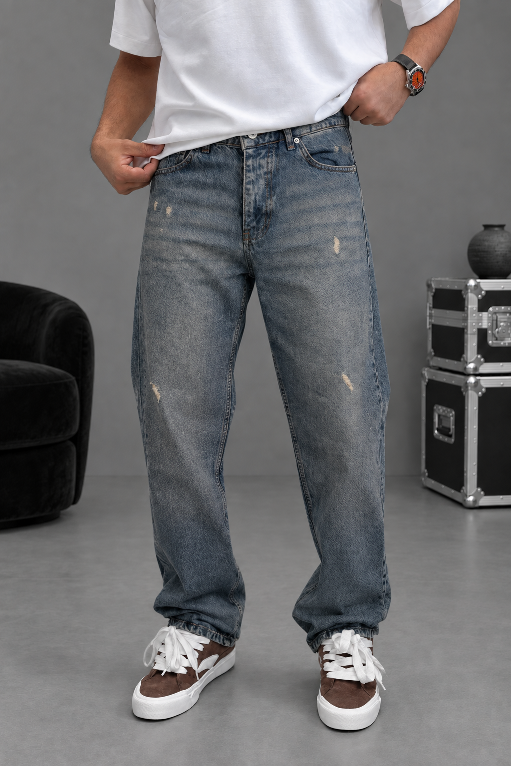 Baggy Regular με Light Wash και Distressing – Μπλε Τζιν