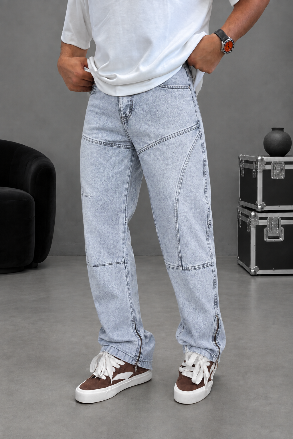 Baggy Regular Paneled Studio Jeans – Light Blue