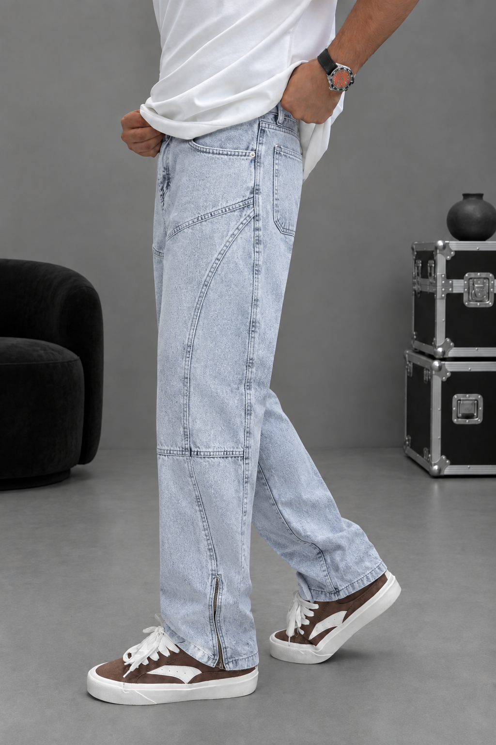 Baggy Regular Paneled Studio Jeans – Light Blue