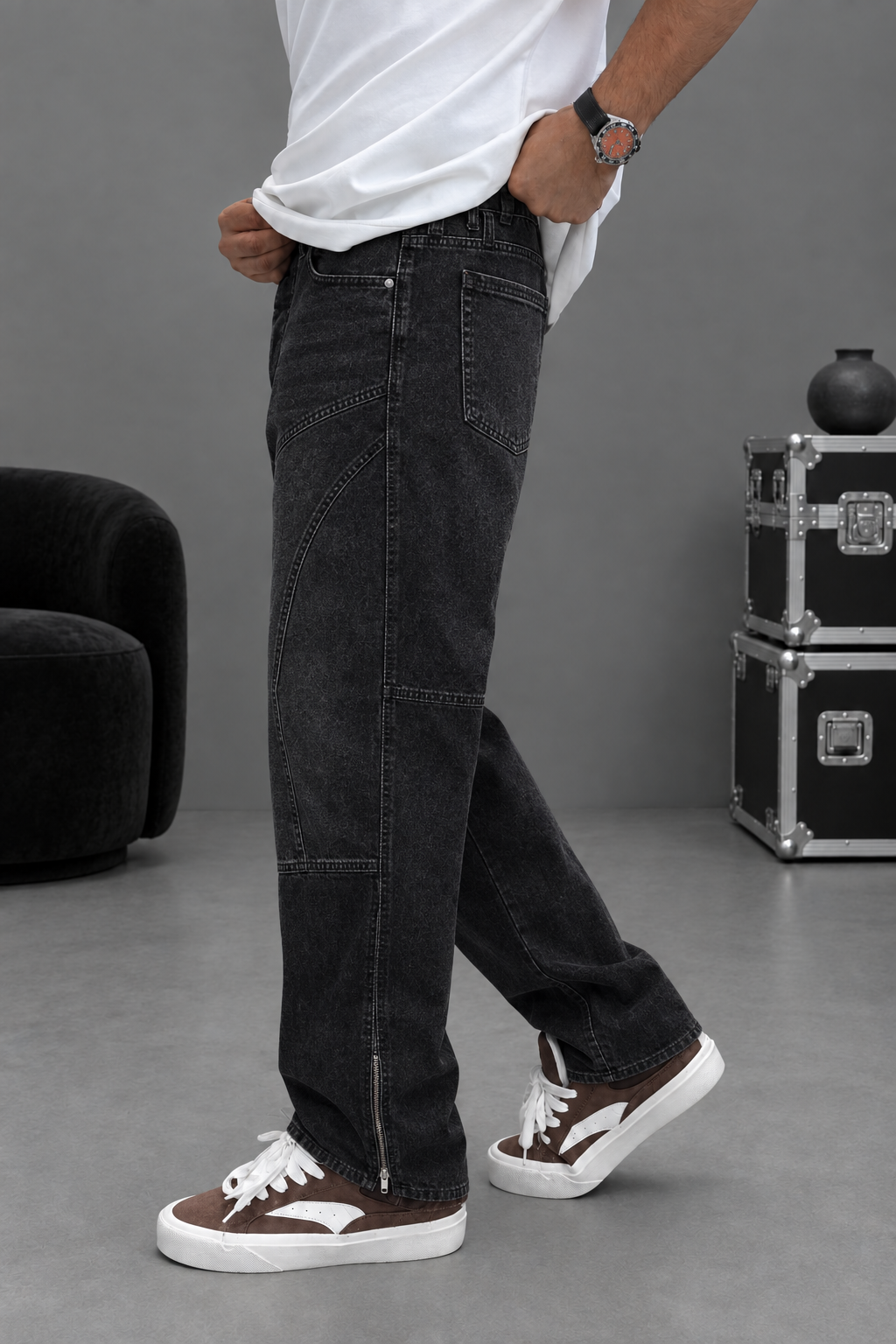 Παντελόνι Denim Baggy Regular Paneled Studio – Μαύρο