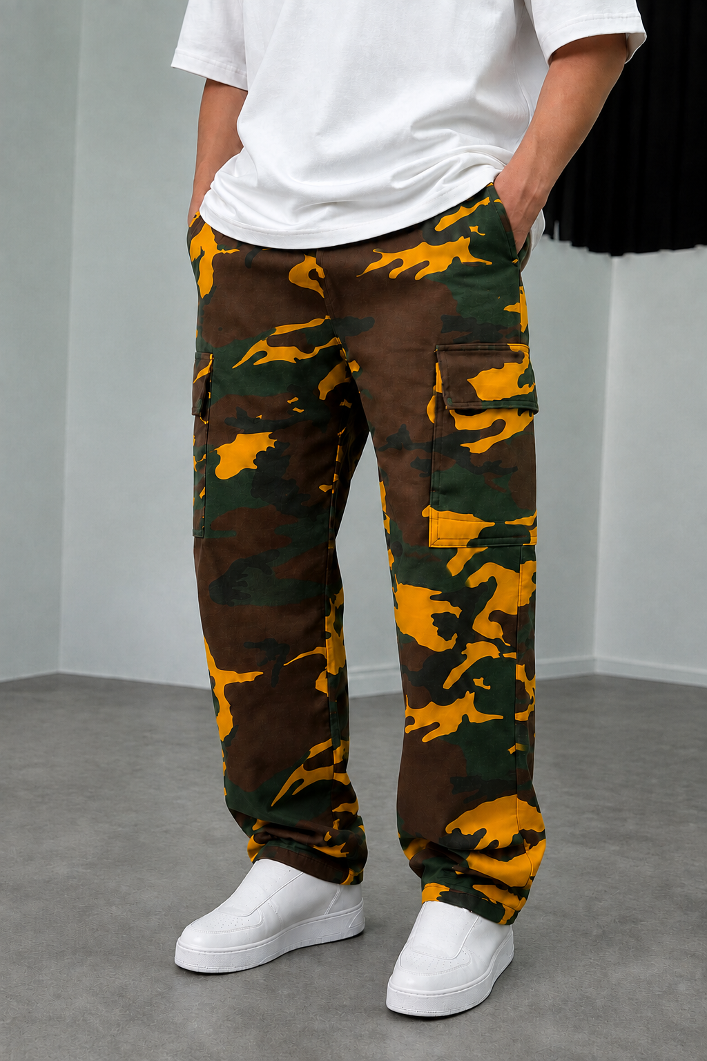 Camo Cargo Baggy Trousers with Elastic Waist – Dark Yellow