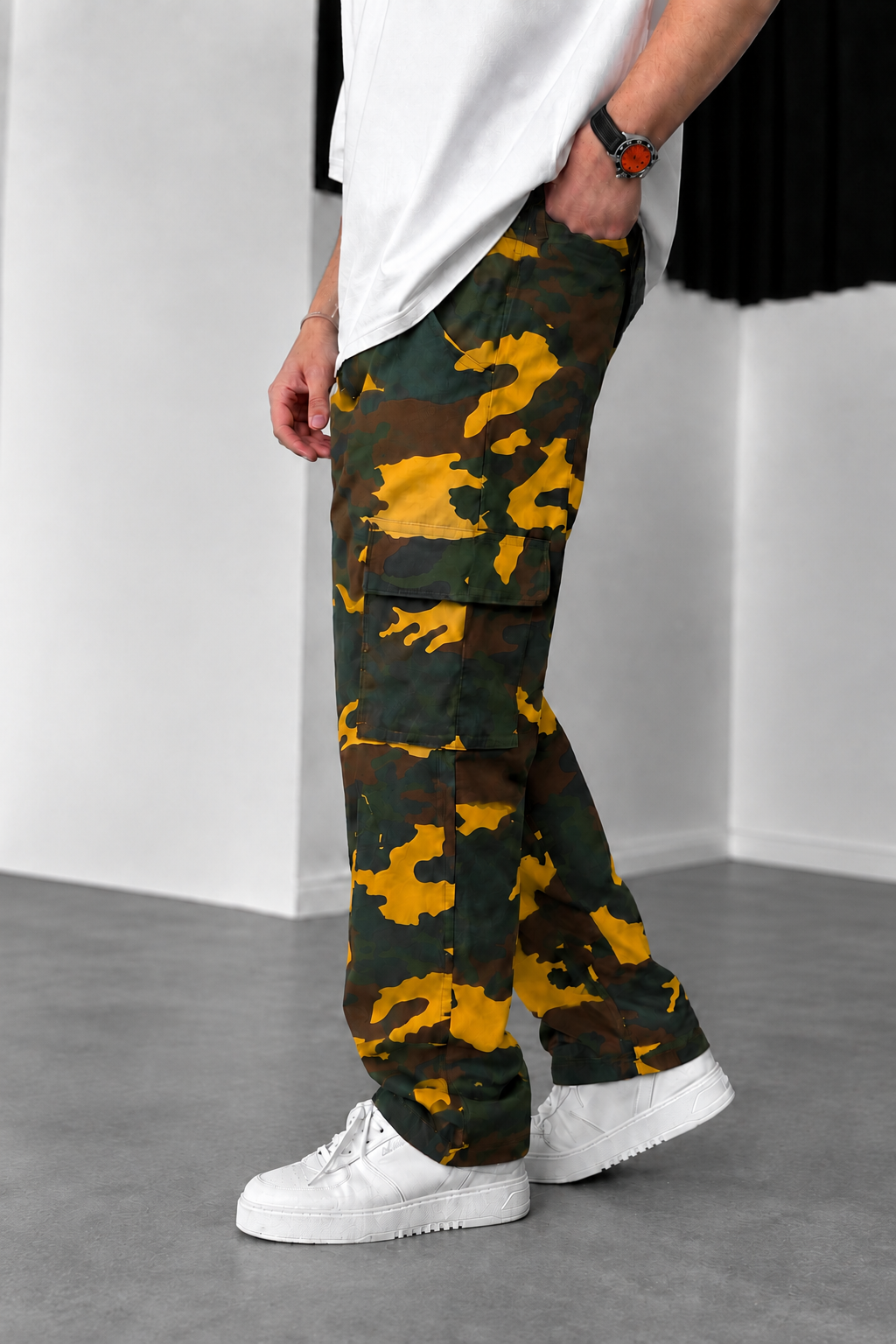 Camo Cargo Baggy Trousers with Elastic Waist – Dark Yellow