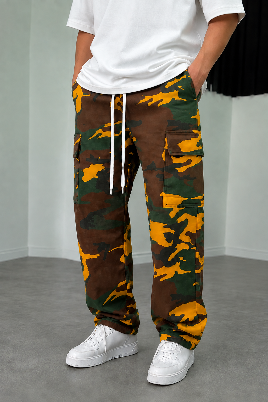 Camo Cargo Baggy Trousers with Elastic Waist – Dark Yellow