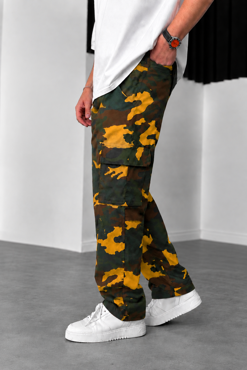 Camo Cargo Baggy Trousers with Elastic Waist – Dark Yellow