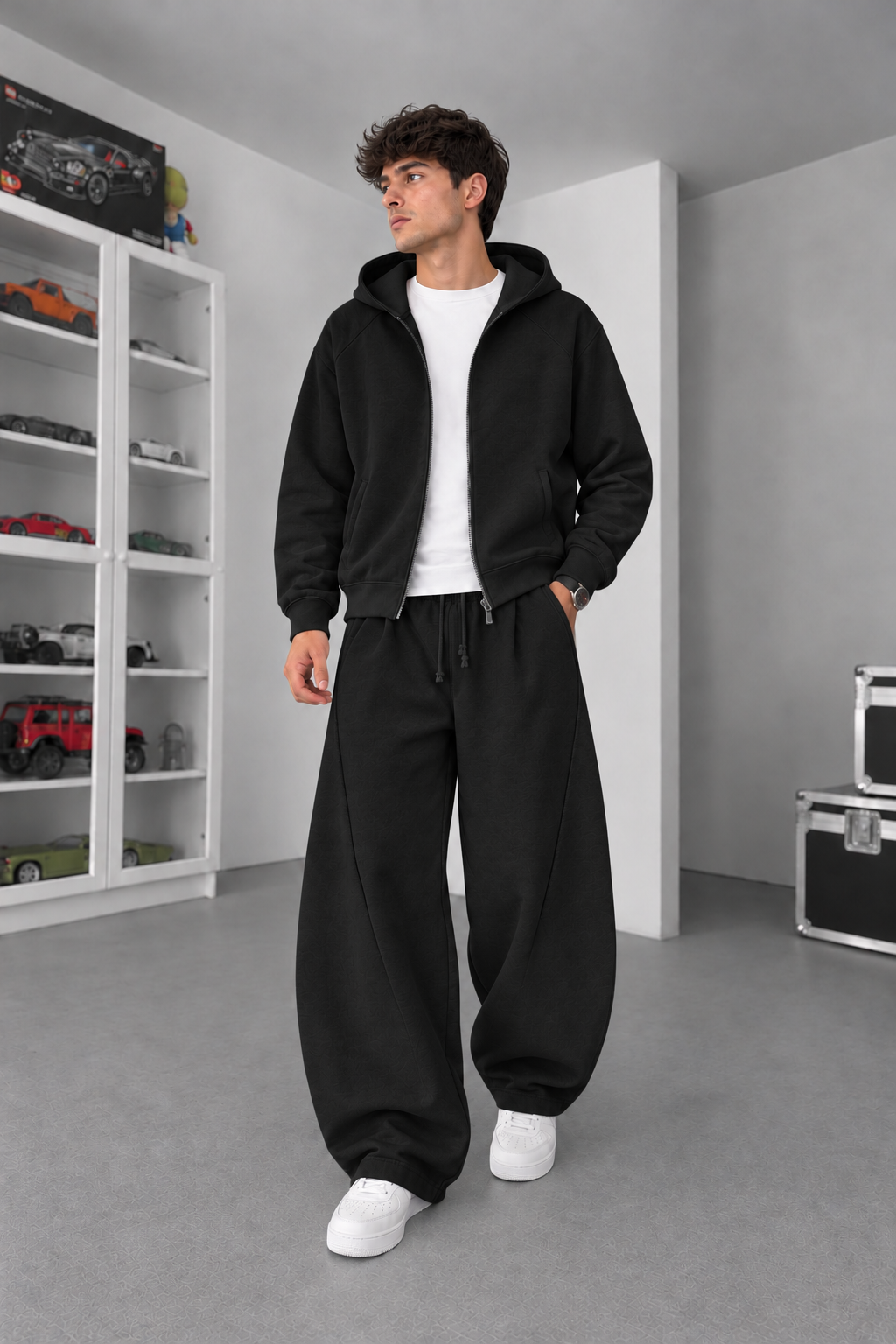 Σετ Φόρμας Βαμβακερό Baggy Balloon με Πιέτες, Φερμουάρ & Κουκούλα – Μαύρο