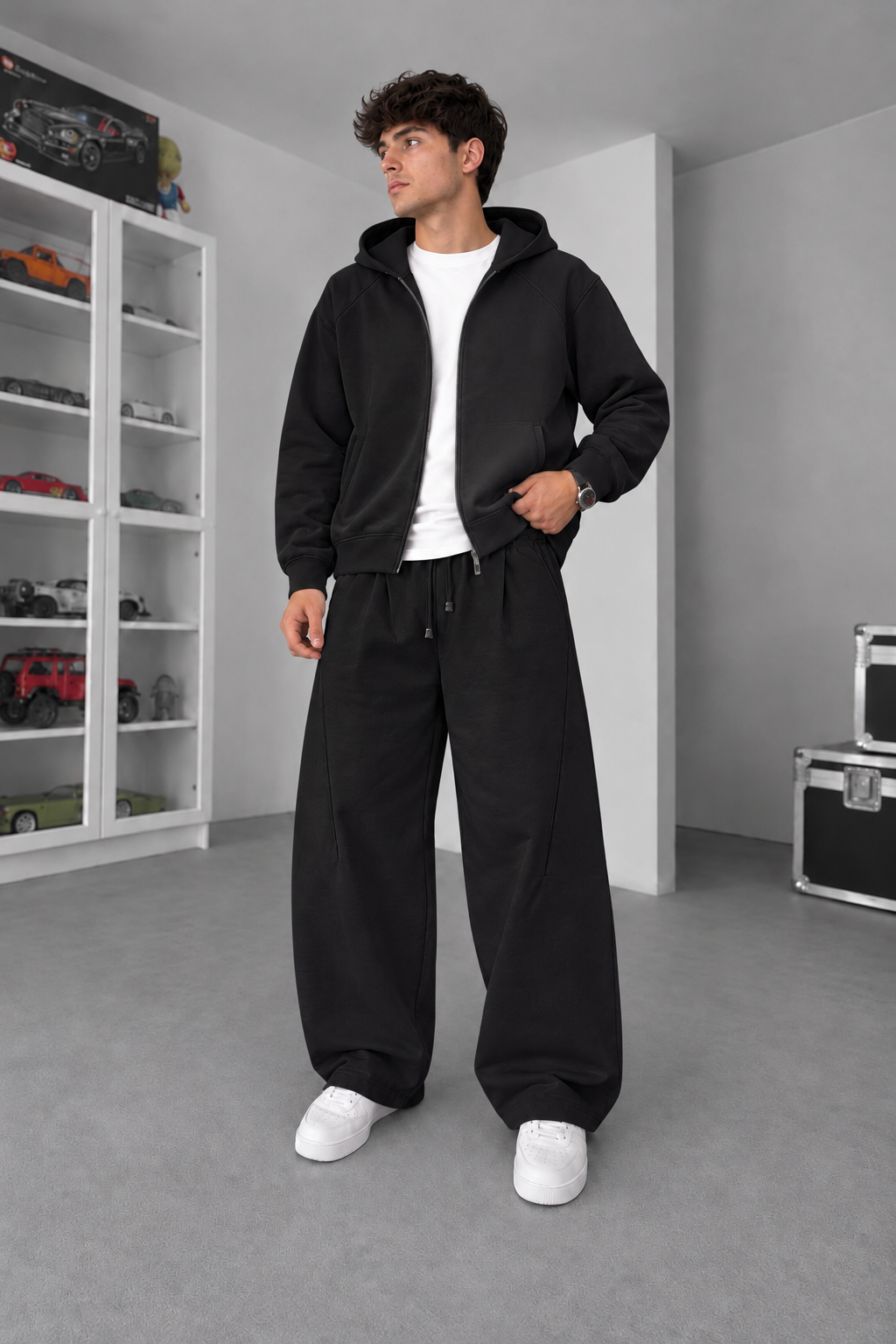 Σετ Φόρμας Βαμβακερό Baggy Balloon με Πιέτες, Φερμουάρ & Κουκούλα – Μαύρο