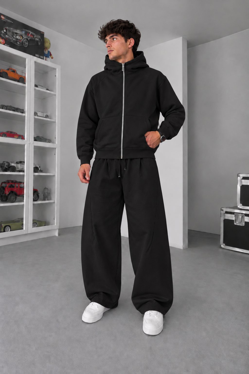Σετ Φόρμας Βαμβακερό Baggy Balloon με Πιέτες, Φερμουάρ & Κουκούλα – Μαύρο