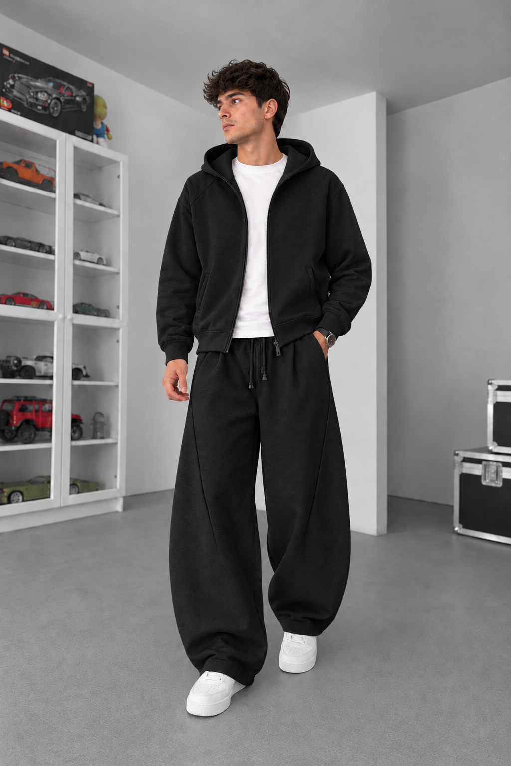 Σετ Φόρμας Βαμβακερό Baggy Balloon με Πιέτες, Φερμουάρ & Κουκούλα – Μαύρο