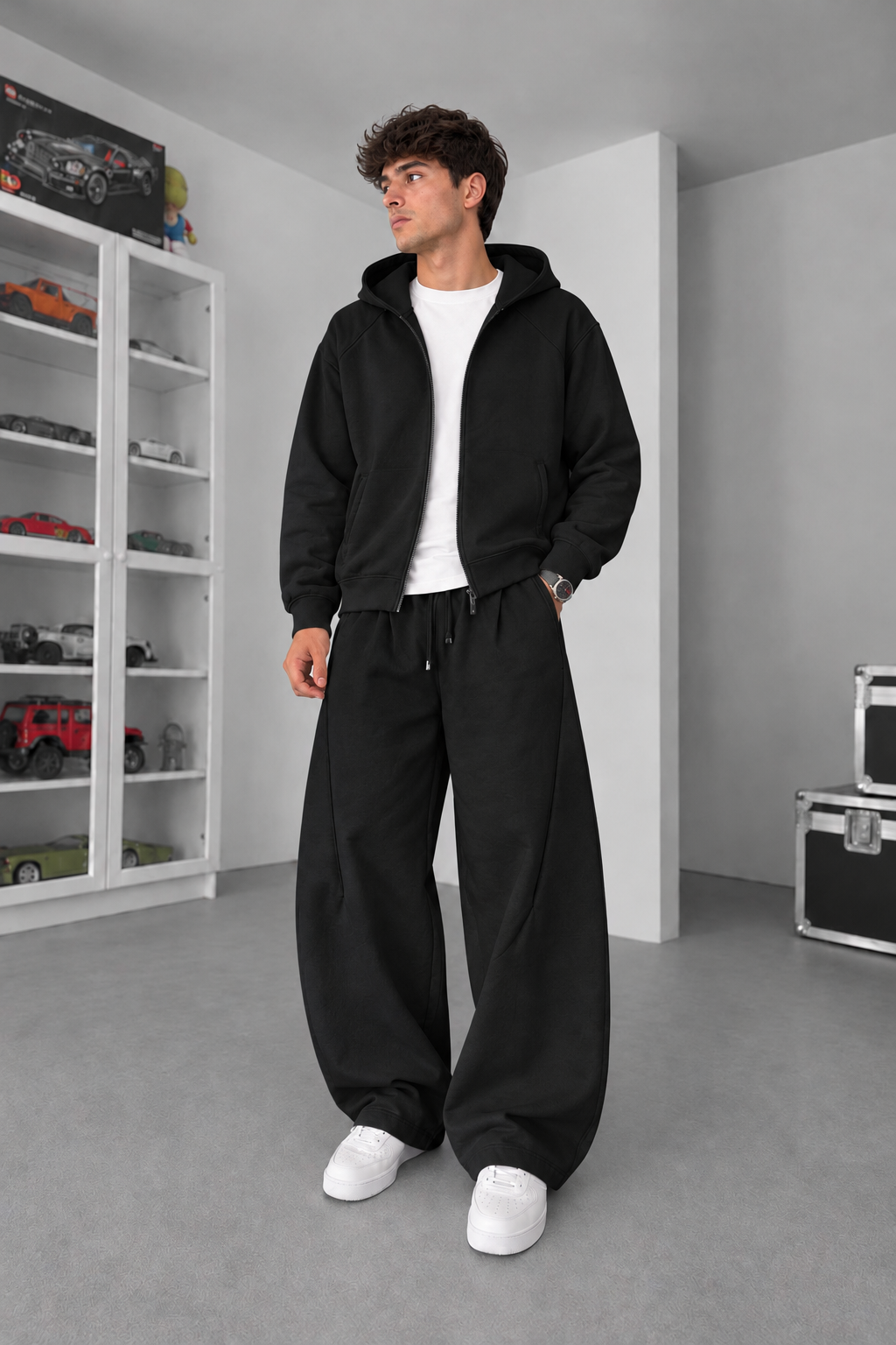 Σετ Φόρμας Βαμβακερό Baggy Balloon με Πιέτες, Φερμουάρ & Κουκούλα – Μαύρο