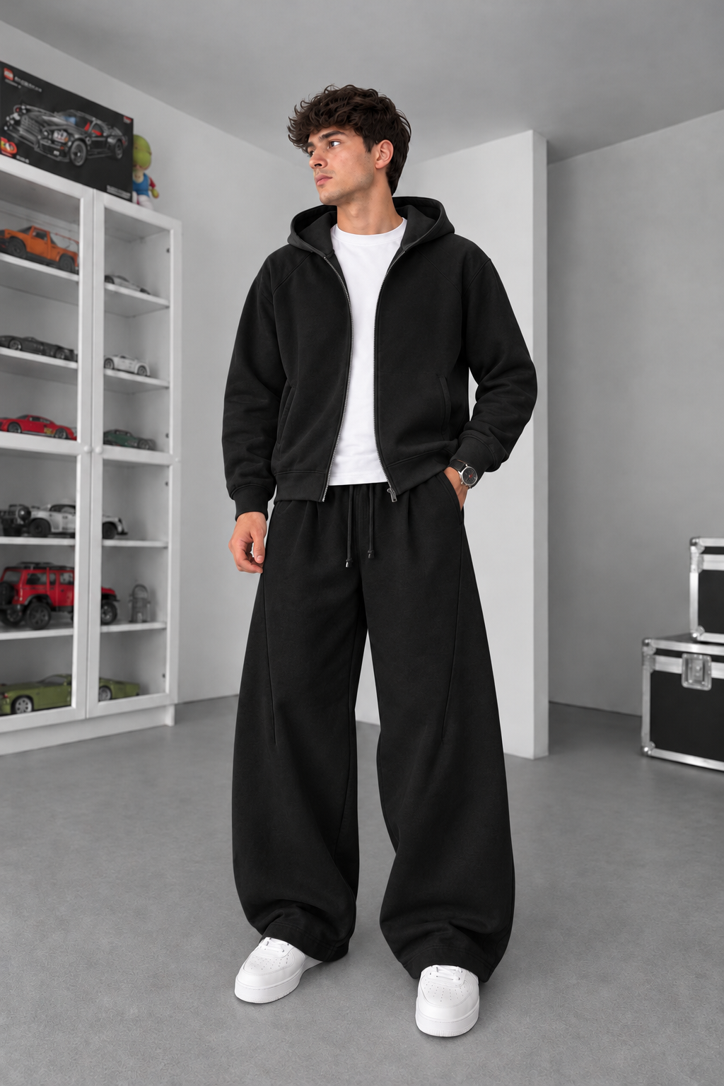 Σετ Φόρμας Βαμβακερό Baggy Balloon με Πιέτες, Φερμουάρ & Κουκούλα – Μαύρο
