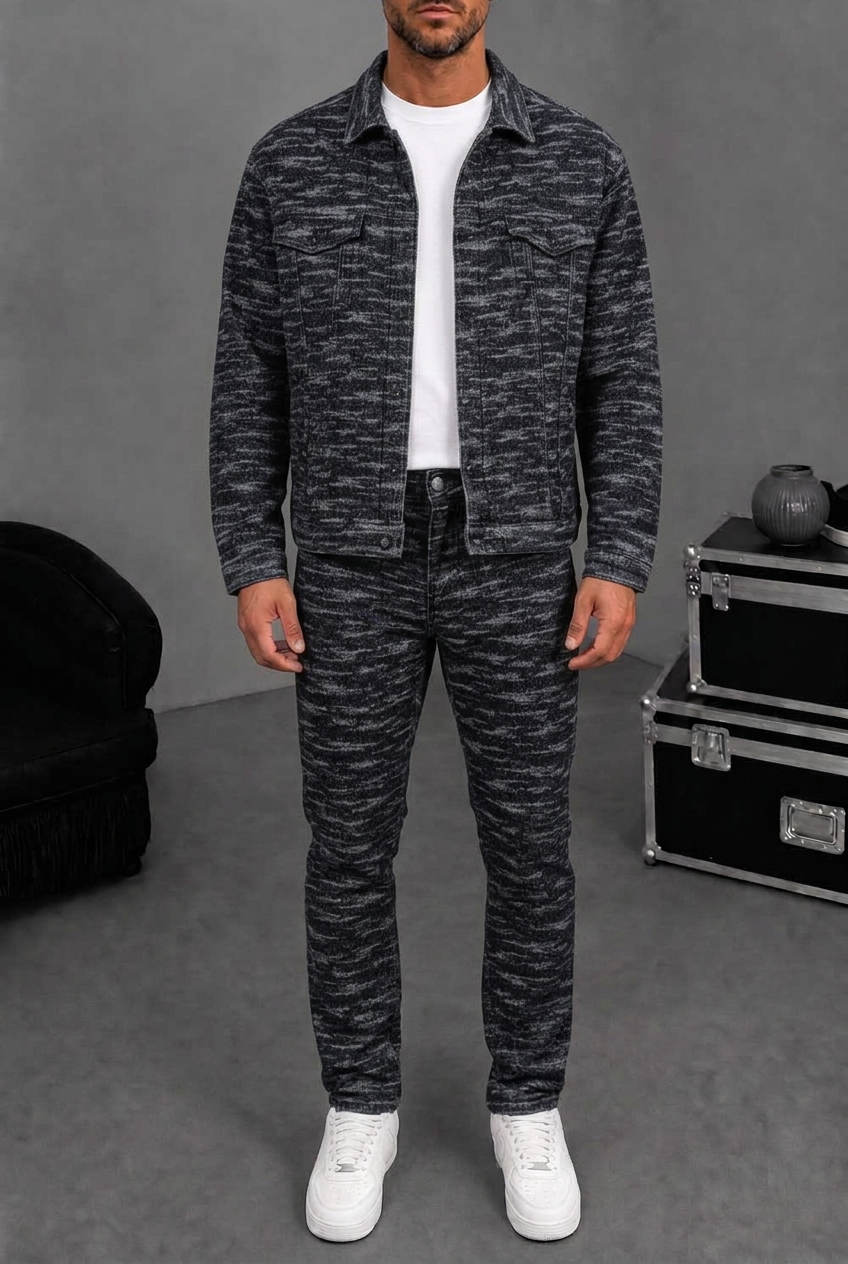 Signature Textured Denim Set – Black/Grey