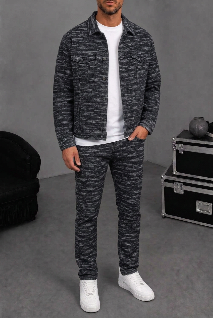 Signature Textured Denim Set – Black/Grey