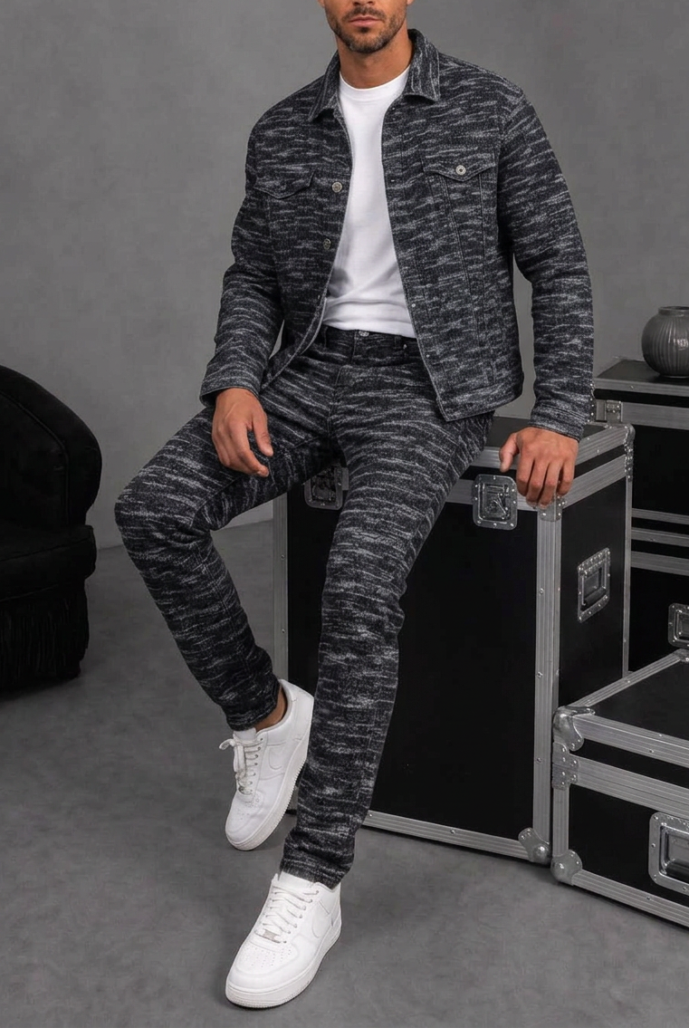 Signature Textured Denim Set – Black/Grey
