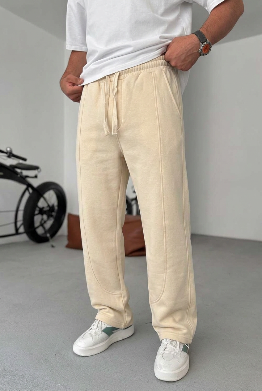 Minimal Stretch Baggy Joggers with Seam Details – Beige
