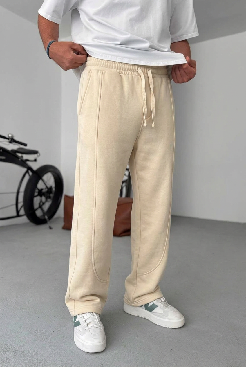 Minimal Stretch Baggy Joggers with Seam Details – Beige