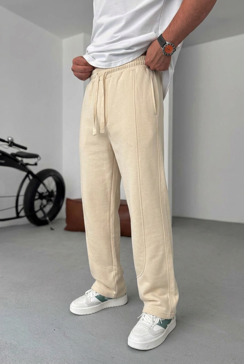 Minimal Stretch Baggy Joggers with Seam Details – Beige