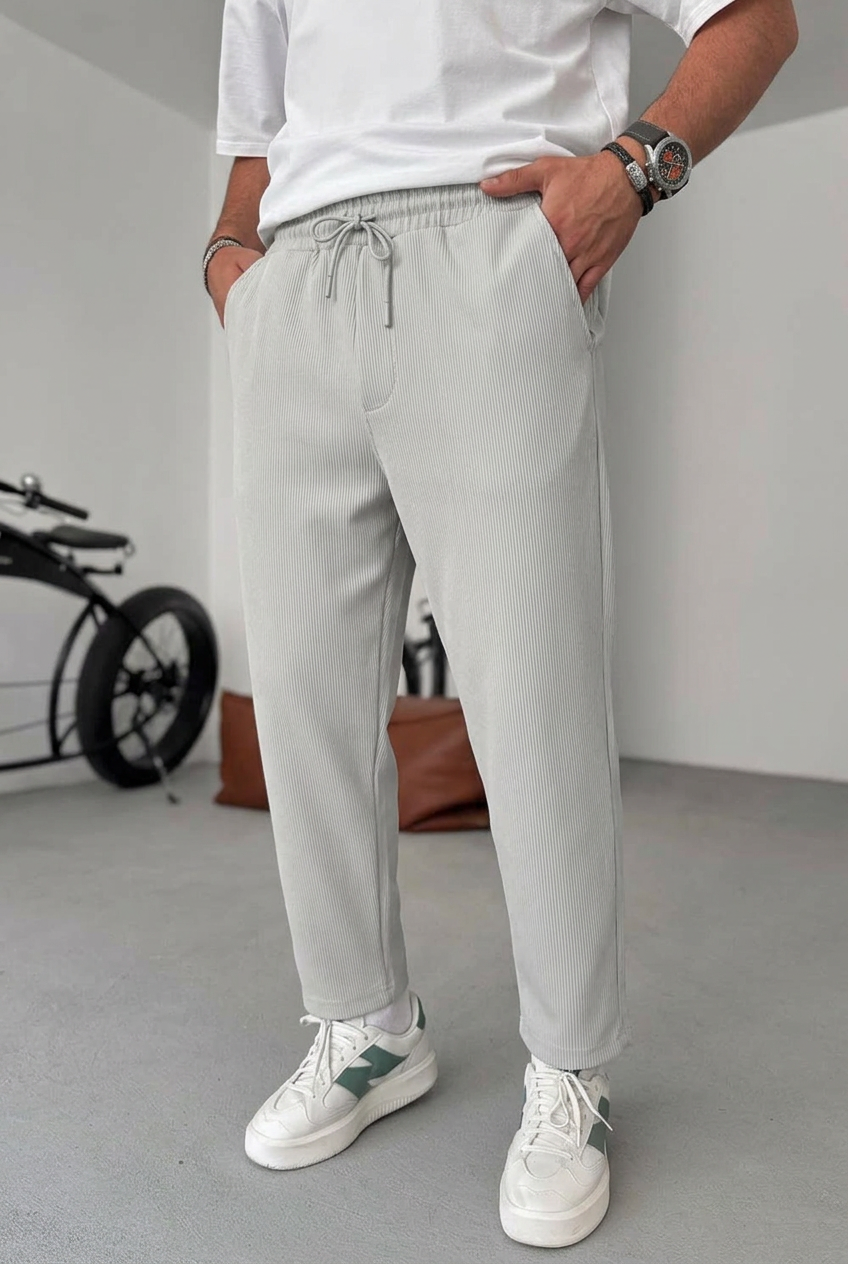 Textured Jogger Trousers with Elastic Waist – Grey