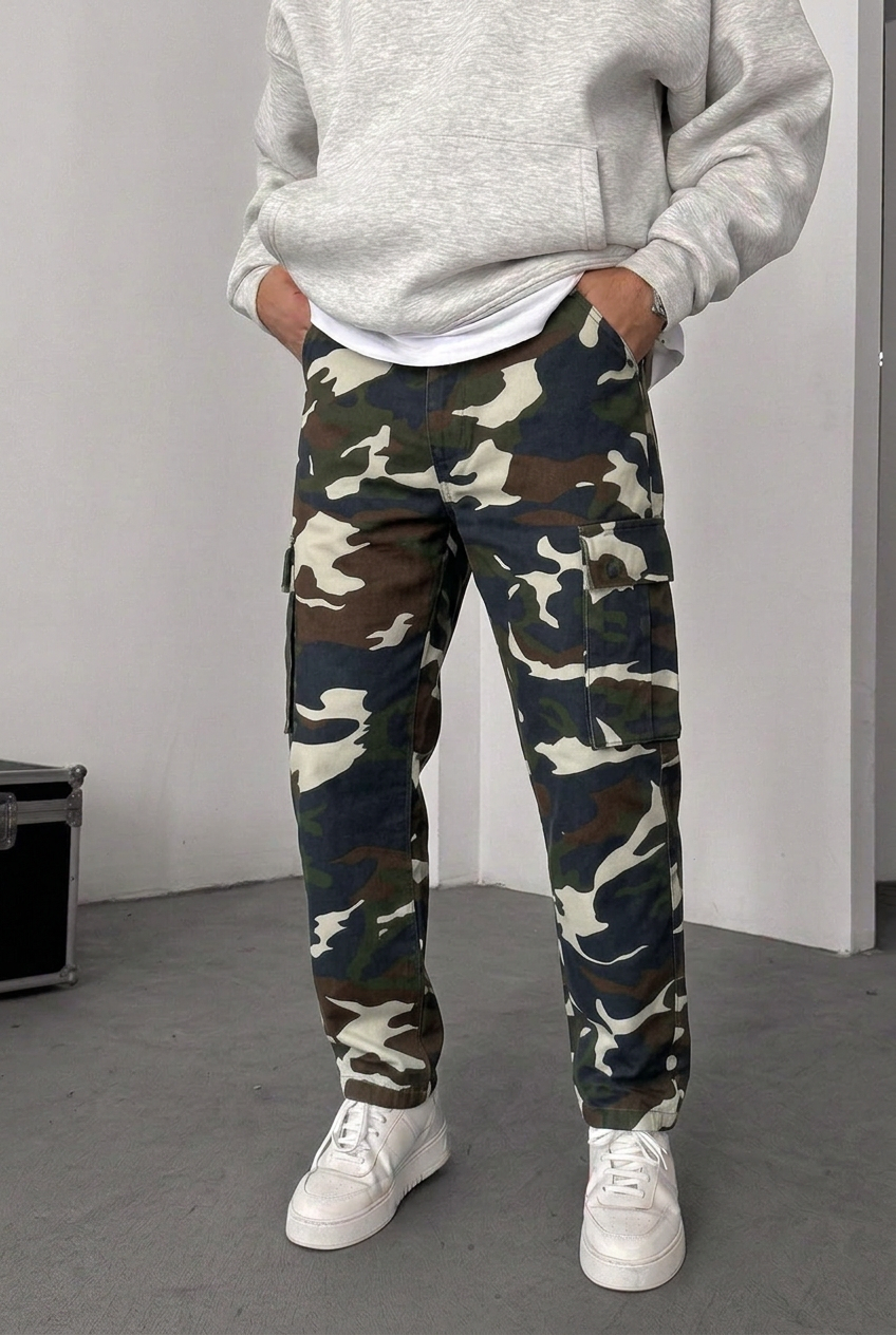 Camo Cargo Loose Fit Trousers with Elastic Waist and Buttoned Hems – Dark Blue
