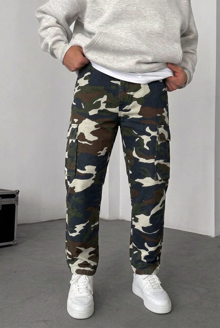Camo Cargo Loose Fit Trousers with Elastic Waist and Buttoned Hems – Dark Blue