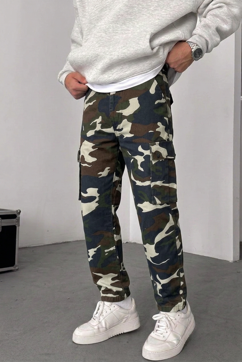 Camo Cargo Loose Fit Trousers with Elastic Waist and Buttoned Hems – Dark Blue