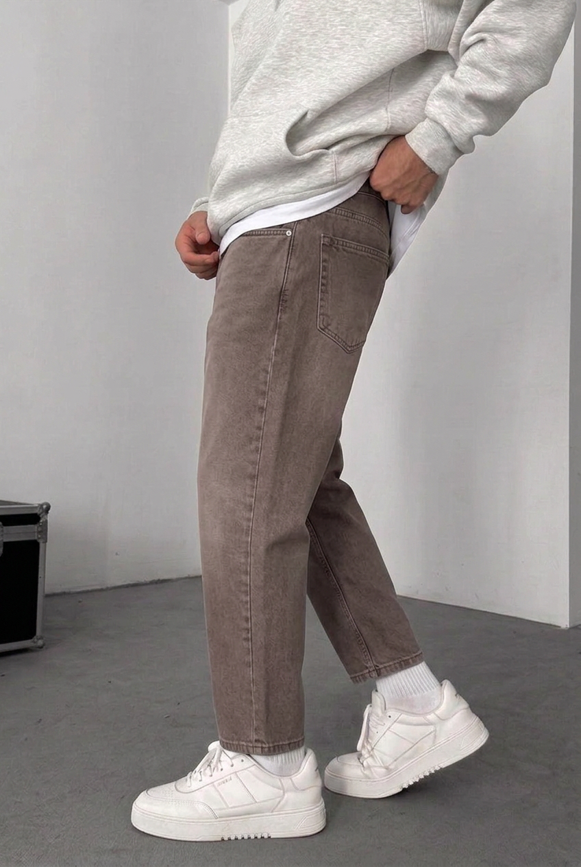 Παντελόνι Τζιν Loose Fit Με Ραφές Και Ελαστάν - Καφέ Ξεβαμμένο