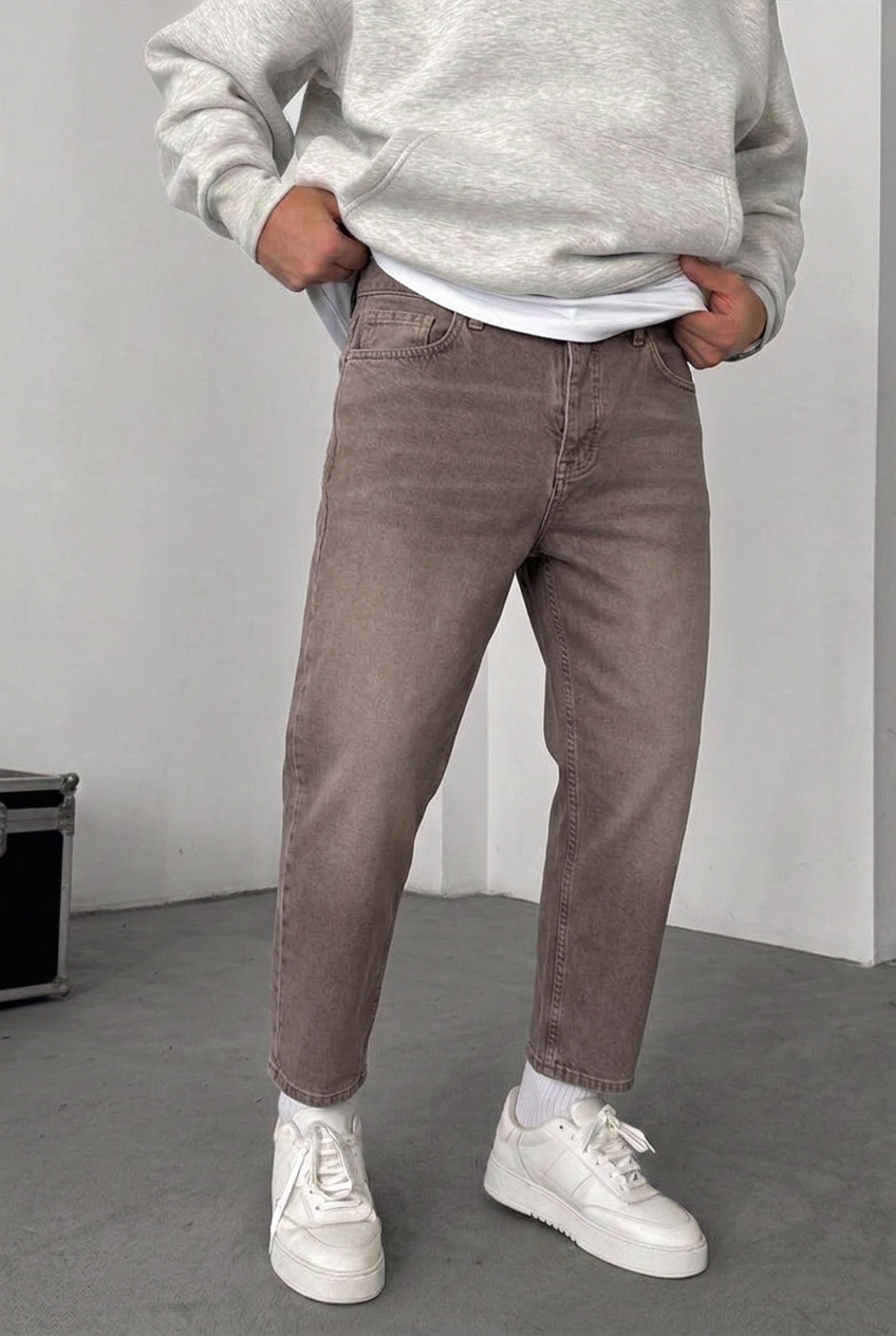 Παντελόνι Τζιν Loose Fit Με Ραφές Και Ελαστάν - Καφέ Ξεβαμμένο