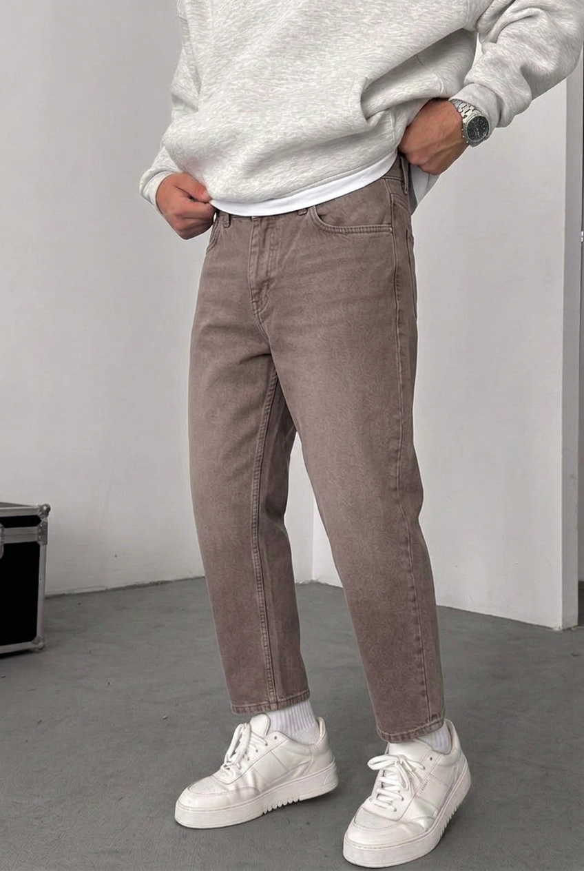 Παντελόνι Τζιν Loose Fit Με Ραφές Και Ελαστάν - Καφέ Ξεβαμμένο