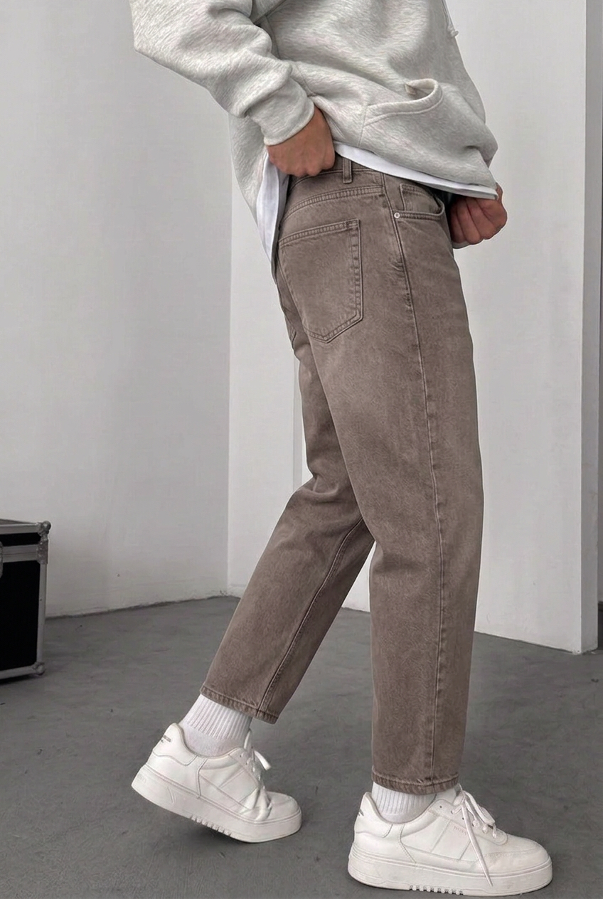 Παντελόνι Τζιν Loose Fit Με Ραφές Και Ελαστάν - Καφέ Ξεβαμμένο