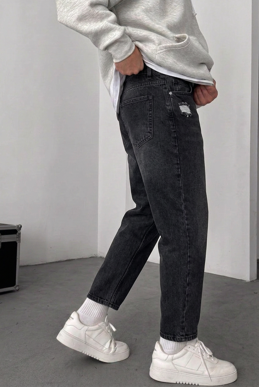 Loose Fit Jeans with Side Rip – Dark Grey