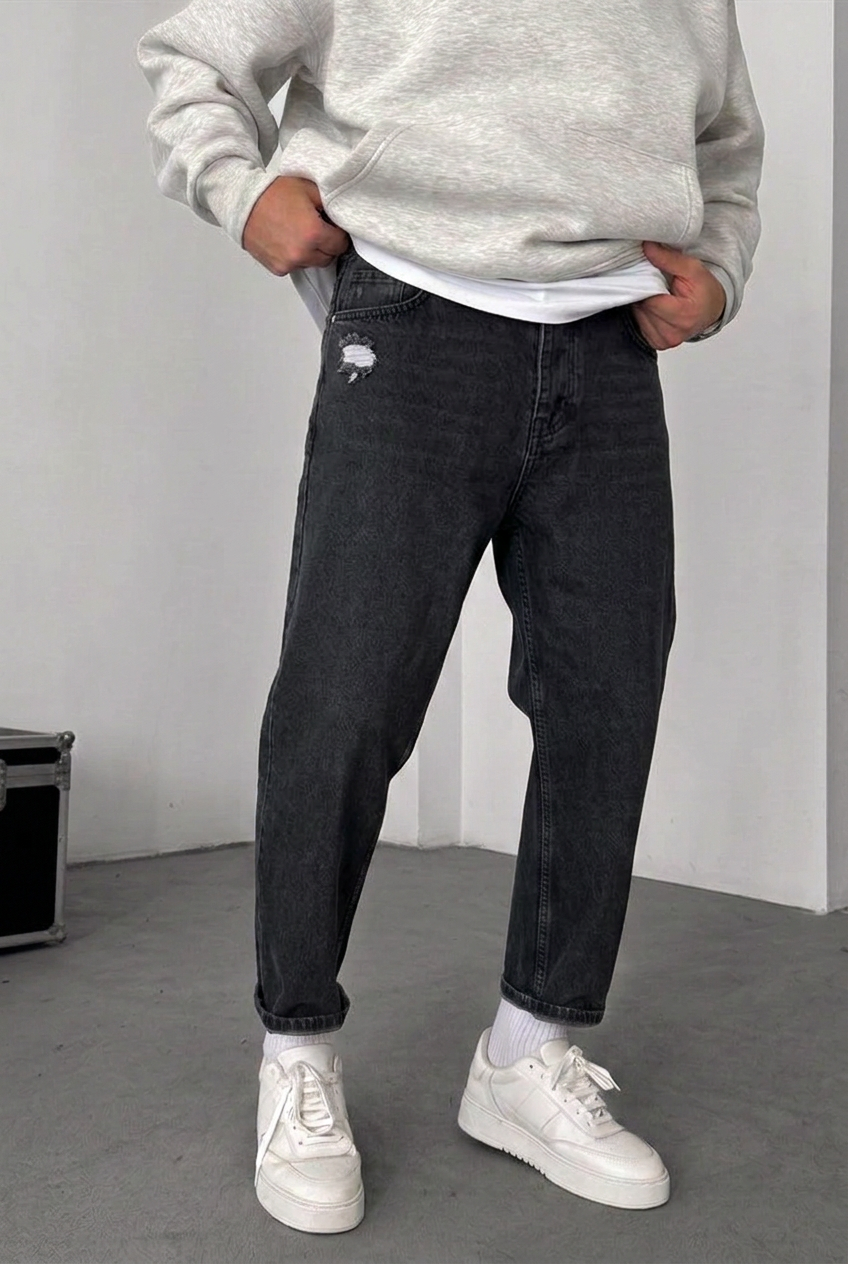 Loose Fit Jeans with Side Rip – Dark Grey