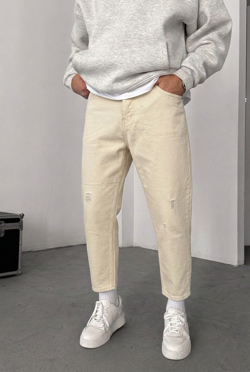 Loose Fit Jeans with Rip Details – Beige