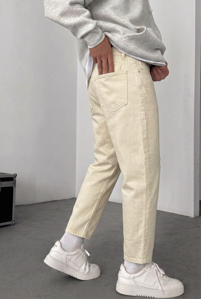 Loose Fit Jeans with Rip Details – Beige