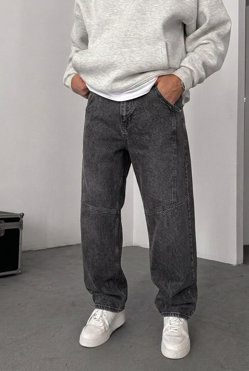 Utility Baggy Jeans with Side Seams – Charcoal Washed