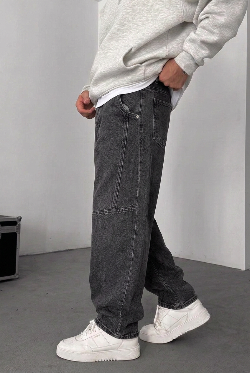 Utility Baggy Jeans with Side Seams – Charcoal Washed