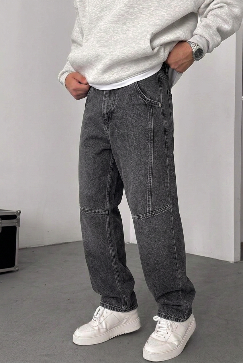 Utility Baggy Jeans with Side Seams – Charcoal Washed