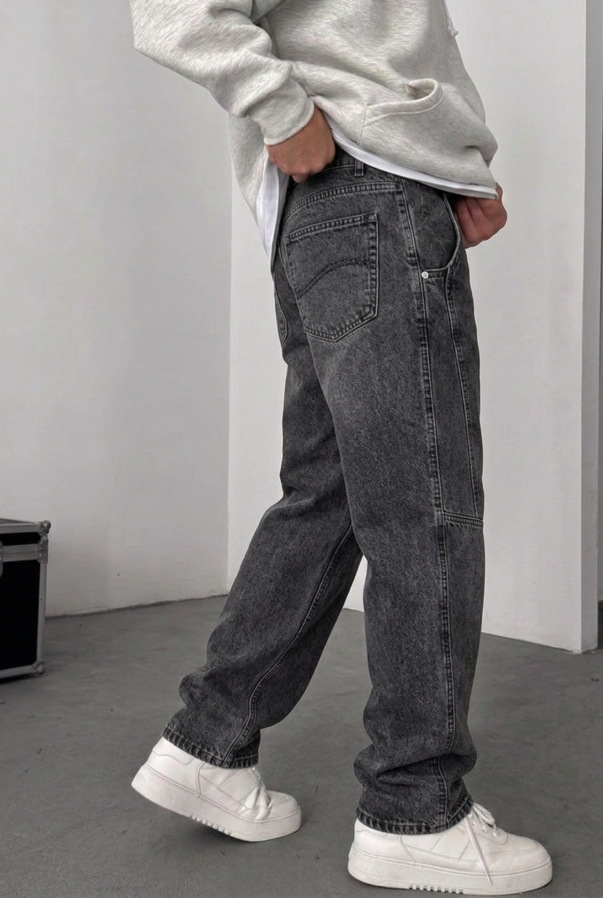 Utility Baggy Jeans with Side Seams – Charcoal Washed