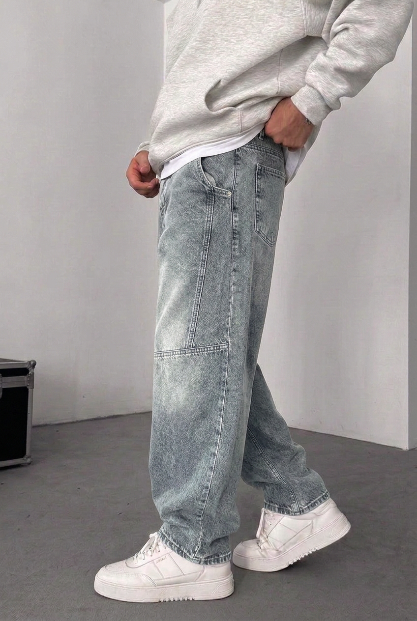 Ice-Washed Utility Baggy Jeans with Side Seams – Grey