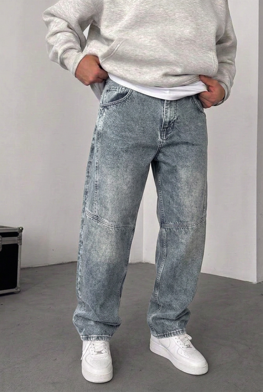 Ice-Washed Utility Baggy Jeans with Side Seams – Grey