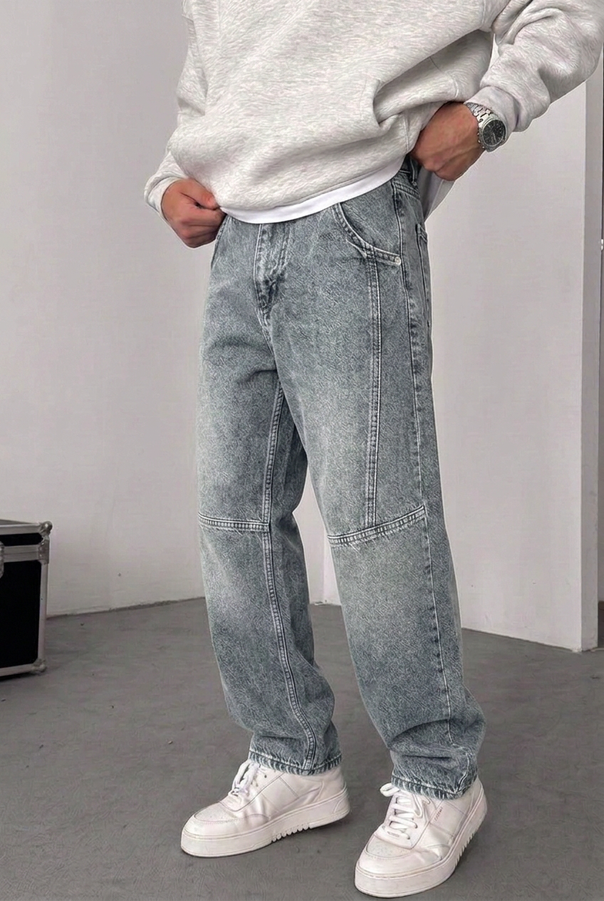 Ice-Washed Utility Baggy Jeans with Side Seams – Grey