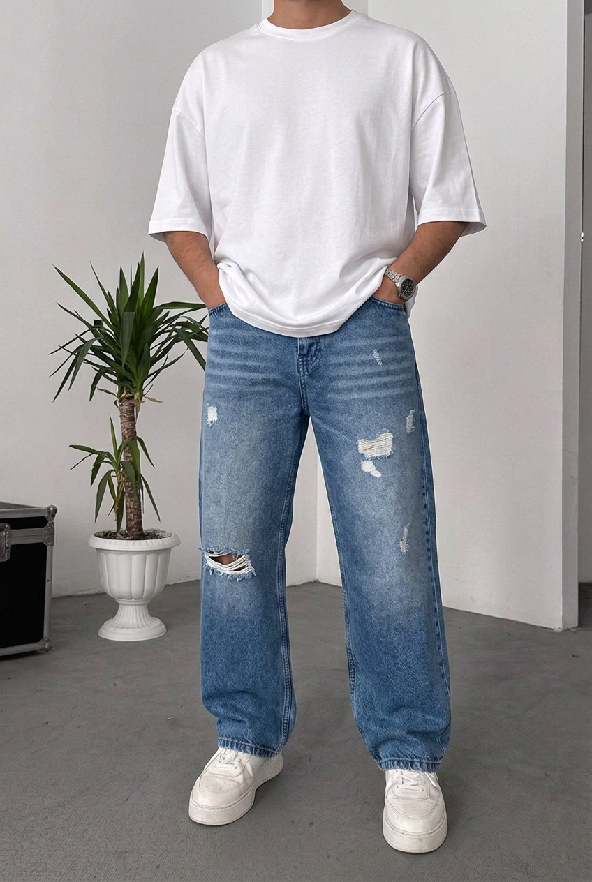 Relaxed Baggy Trousers with Rips – Washed Blue