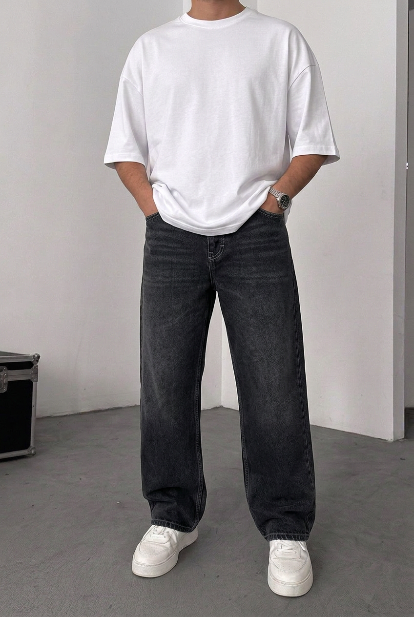 Relaxed Baggy Trousers with Seam Details – Faded Black