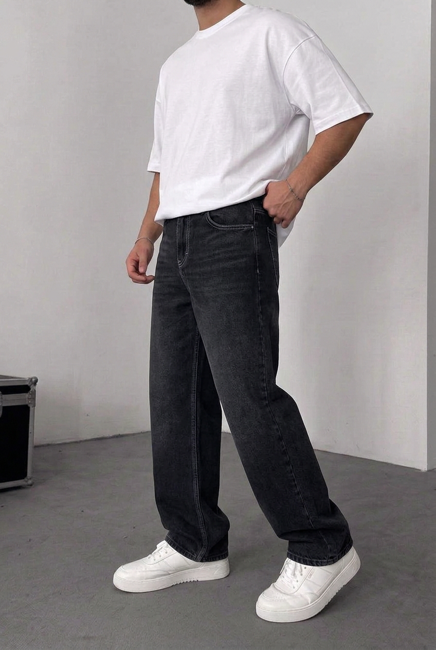 Relaxed Baggy Trousers with Seam Details – Faded Black