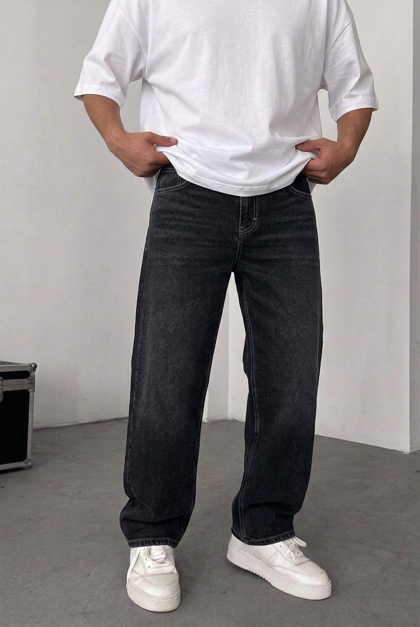 Relaxed Baggy Trousers with Seam Details – Faded Black