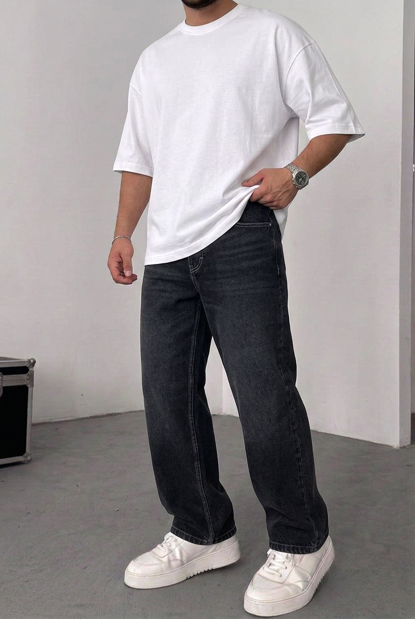Relaxed Baggy Trousers with Seam Details – Faded Black