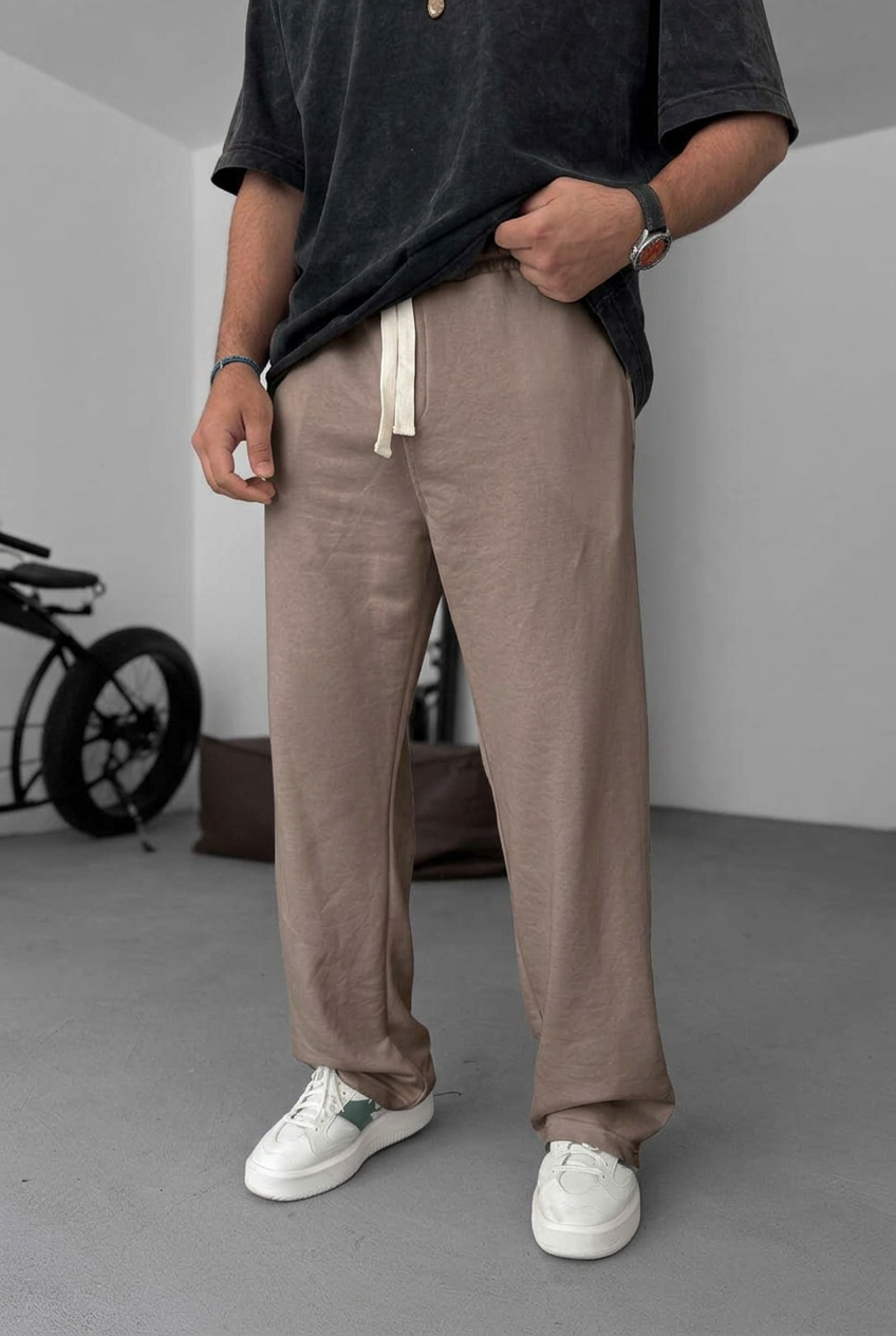 Jogger Φόρμα Τριών Κλωστών Ίσιας Γραμμής – Καφέ
