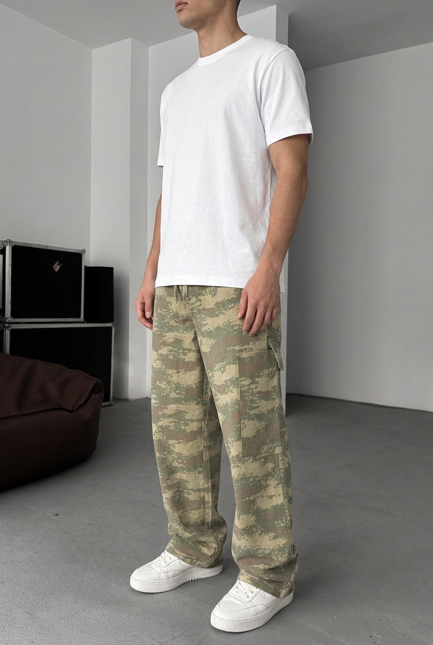 Baggy Camo Cargo Trousers – Light Khaki
