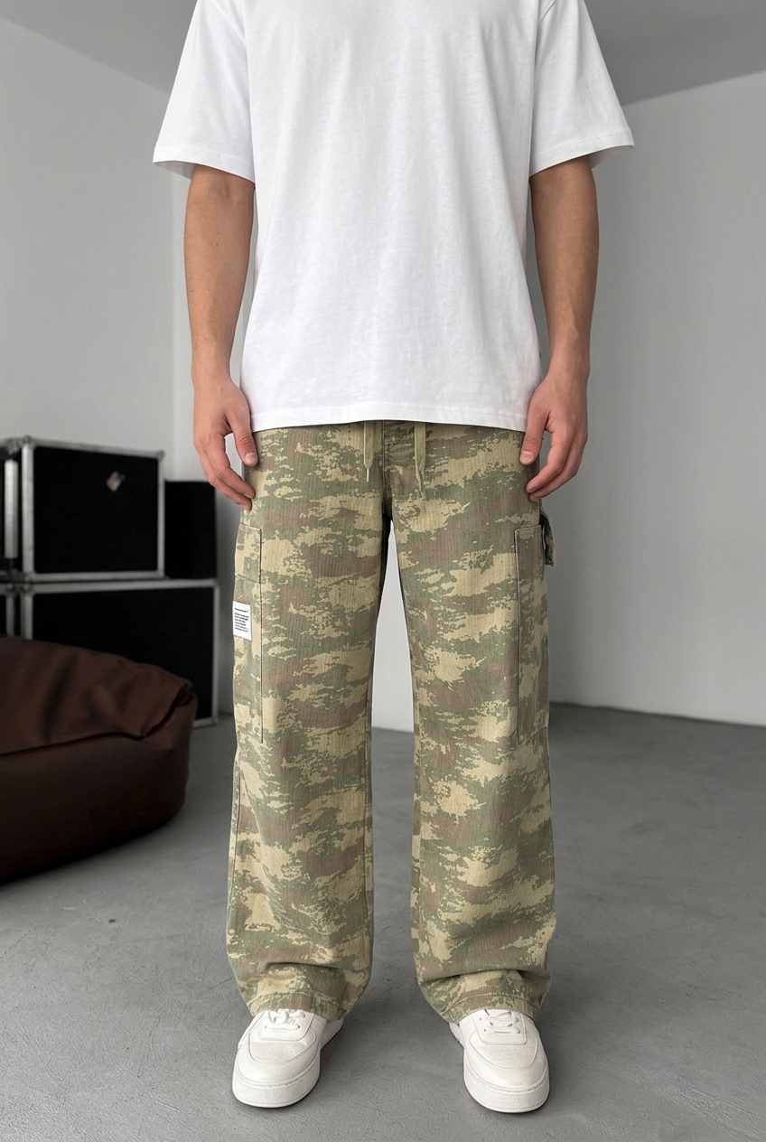 Baggy Camo Cargo Trousers – Light Khaki