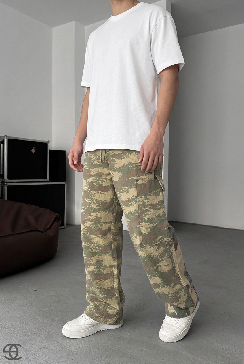 Baggy Camo Cargo Trousers – Light Khaki