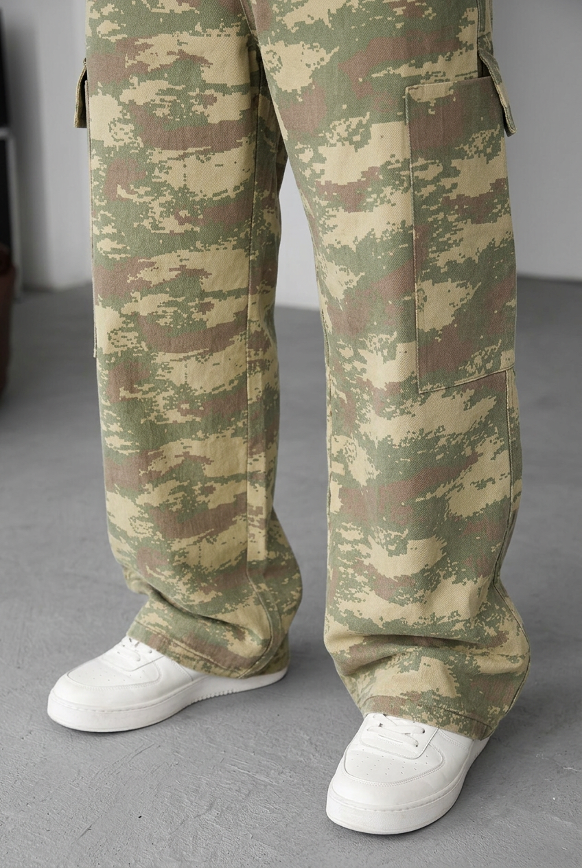 Baggy Camo Cargo Trousers – Light Khaki